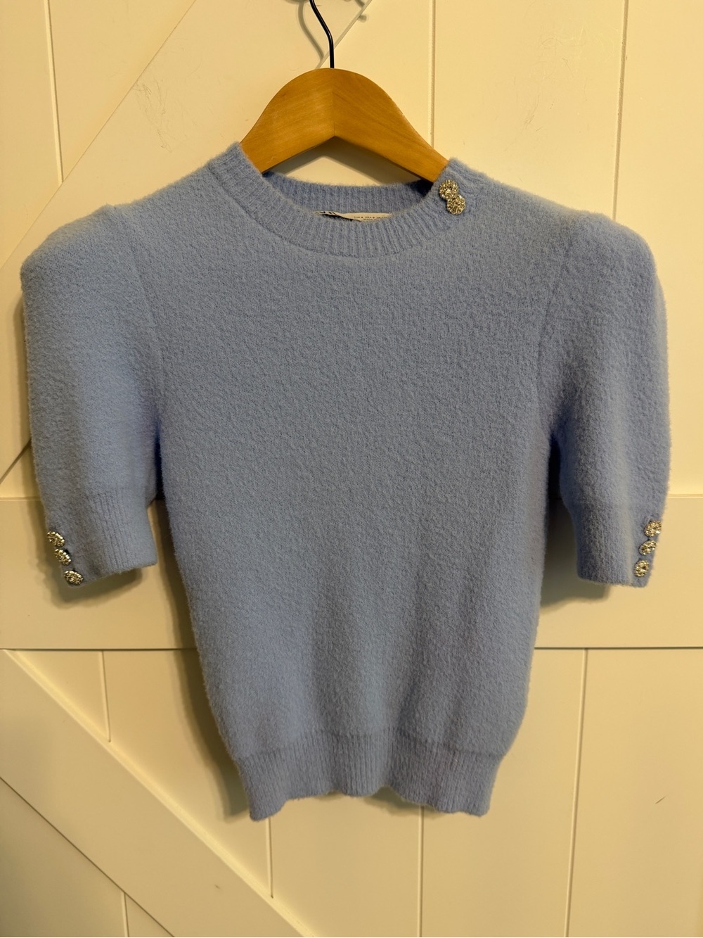 Zara Women’s Small Crew Light Blue Short Sleeve Knit Fuzzy Top Crystal Buttons